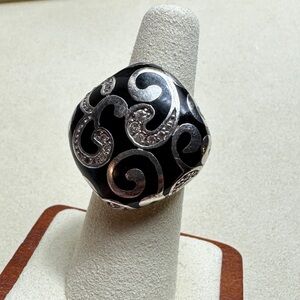 Sterling Silver 925 Black Enamel and Rhinestone Ring
